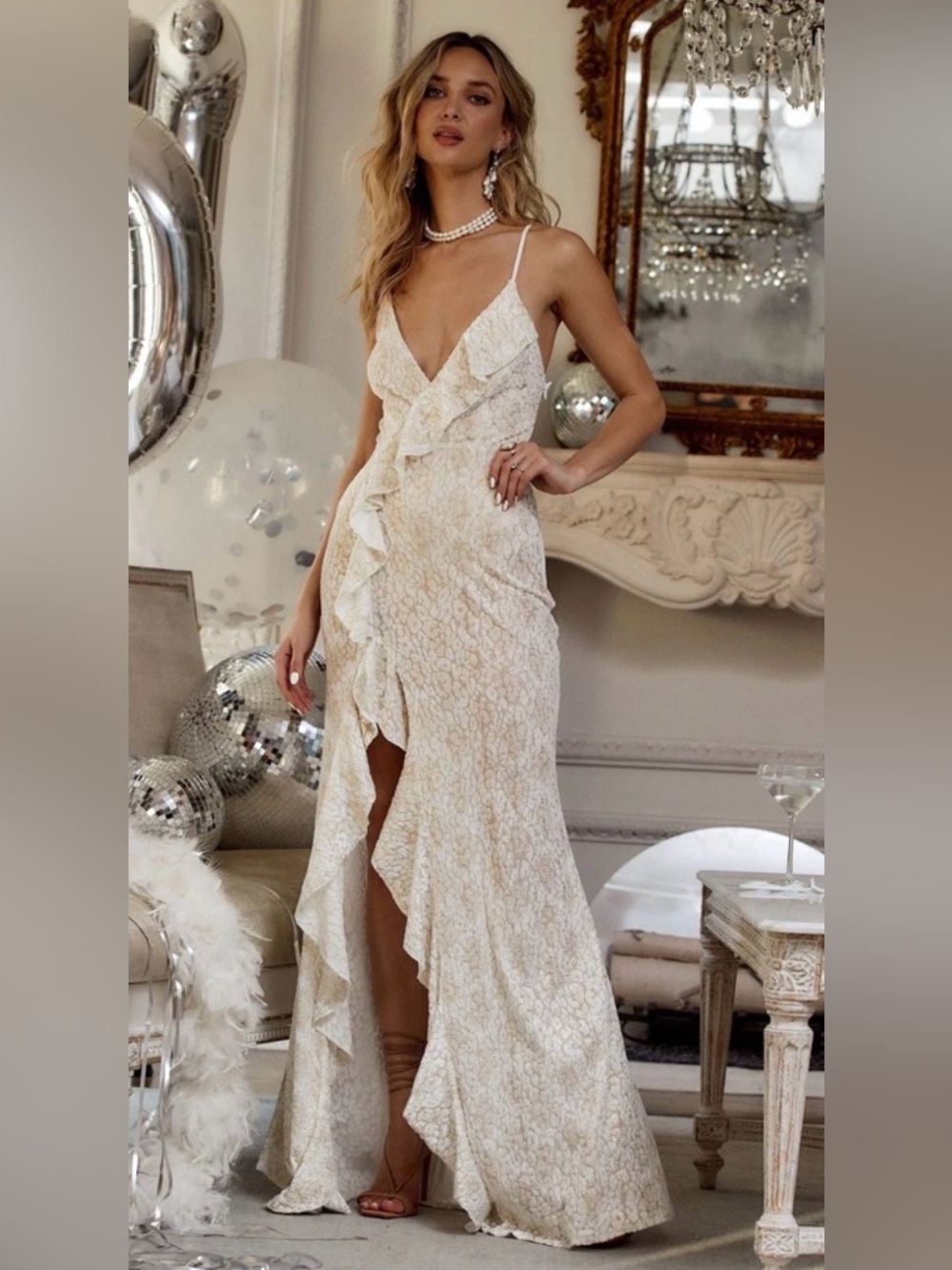 12th tribe Elegant White Lace Ruffle Maxi Dress - V-Neck Spaghetti Strap